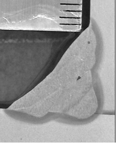 Macrografía de unión en ángulo de chapa gruesa, con falta de fusión entre pasadas y poro aislado