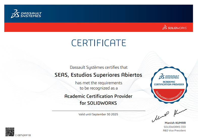 Certificado SEAS Academic Certification Provider for Solidworks
